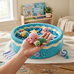 May include: A round, crocheted blue basket with a wavy yellow and white border, filled with blue crinkled material and small crocheted sea creatures including a pink octopus, a green turtle, a yellow starfish, and a multi-colored fish.