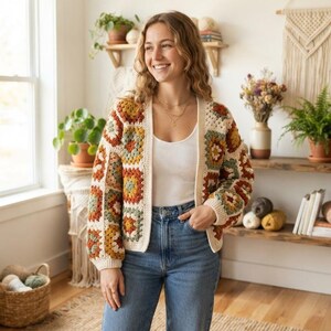 Handmade Crochet Granny Square Cardigan, Boho Chunky Knit Sweater Jacket, Vintage Autumn Patchwork Open Front Coat, Oversized Cozy Aesthe