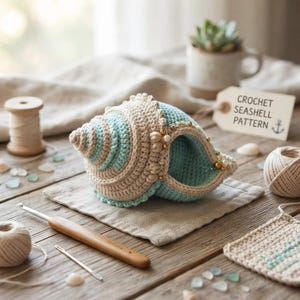 Puede incluir: Una concha marina tejida a ganchillo en hilo azul claro y beige, adornada con pequeñas perlas blancas y cuentas doradas. Una etiqueta cercana dice CROCHET SEASHELL PATTERN con un icono de ancla. Se muestra con un ganchillo de madera e hilo.