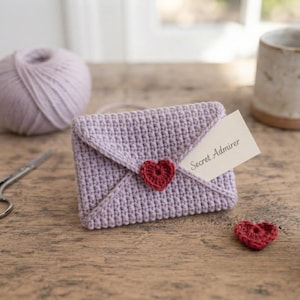 Può includere: Una busta all'uncinetto color viola chiaro con una piccola chiusura a forma di cuore all'uncinetto rosso scuro. Un cartoncino rettangolare bianco è inserito nella busta con il testo Secret Admirer stampato in un carattere scuro.