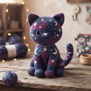 Peut inclure: Un chat en peluche crocheté avec un motif de fil inspiré de la galaxie en bleu foncé et violet, orné d'étoiles, de croissants de lune et de petites planètes brodés. Il possède de grands yeux noirs, un nez rose et un collier avec une étoile dorée.