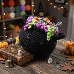 May include: A black crocheted cauldron basket with two handles, featuring a smiling face with black eyes and purple accents. The top is overflowing with purple and lime green crocheted bubbles and small plastic Halloween-themed trinkets.