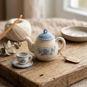 Handmade Miniature Crochet Teapot and Teacup Set with Saucer, Vintage Floral Embroidered Amigurumi Tea Set Wall Decor, Cozy Cotta