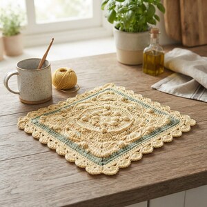 Peut inclure: Un napperon carré au crochet avec un centre couleur crème orné de points popcorn texturés, bordé d'une bande vert sauge et d'un bord festonné crème. La pièce présente un travail de fil complexe avec un motif géométrique détaillé.
