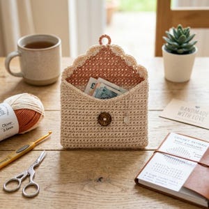 May include: A beige crochet envelope pouch with a scalloped edge, a dark brown button closure, and a small loop at the top. The interior is lined with a dusty rose crochet fabric, and it contains paper currency. The pouch is made of yarn.