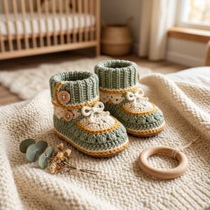 May include: A pair of sage green and cream crocheted baby booties featuring a ribbed cuff, a decorative wooden button on the side, and a small tied bow on the front. The booties are crafted with a textured stitch pattern and a mustard yellow trim.