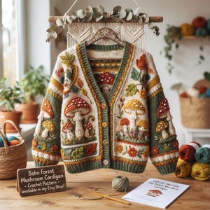 Op de afbeelding: Een crèmekleurig gehaakt vest met textuurmotieven van paddenstoelen en bladeren in tinten oranje, groen en bruin. Het kledingstuk heeft een V-hals, lange mouwen en houten knopen. Een bordje vermeldt: Boho Forest Mushroom Cardigan - Crochet Pattern.