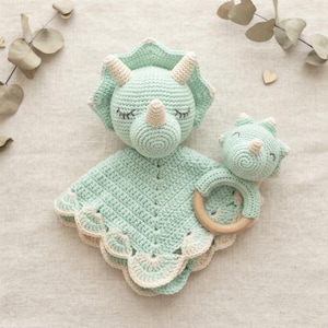 Handcrafted Mint Green Dinosaur Baby Lovey & Wooden Teething Ring Set - Soft Crochet Triceratops Security Blanket, Neutral Gen