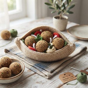 Può includere: Una tasca di pane pita all'uncinetto riempita con polpette di falafel marroni all'uncinetto, fette di pomodoro rosse, strisce di cipolla bianche, prezzemolo verde e un ciuffo di hummus beige. Sono visibili un'etichetta marrone e un uncinetto.