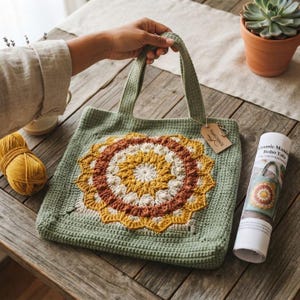 May include: A sage green crochet tote bag featuring a central circular mandala pattern in shades of cream, yellow, and rust orange. The bag has two matching crochet handles and a small brown rectangular tag attached to one side with a metal ring.