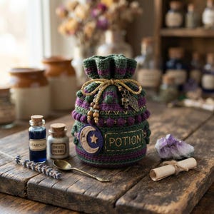 May include: A dark green and purple crocheted drawstring pouch featuring a crescent moon and star patch, a rectangular label with the word POTION, and a gold cord with a skull and leaf charm. The pouch is surrounded by small glass bottles.