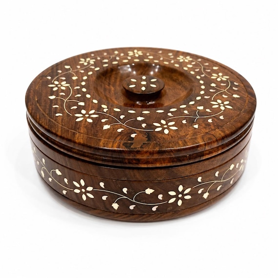 Handcrafted Sheesham Wood Chapati Box, Floral Inlay Kitchen Storage (8-inch)
