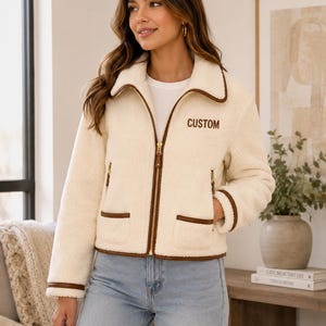 Custom Sherpa Fleece Jacket, Personalized Teddy Jacket, Cream Winter Coat