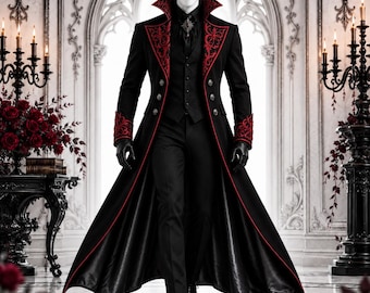 Mens Black Gothic Victorian Tailcoat, Red Embroidered Vampire Coat, Steampunk Wedding Jacket, Medieval Coat, Dracula Costume, Formal Coat