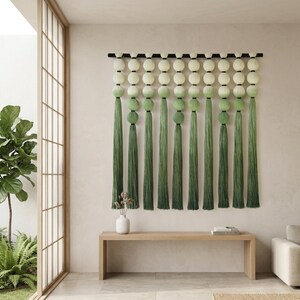 Large Macrame Wall Hanging Green Dip Dye, Boho Sphericity Cotton Textile Wall Art, Modern Yarn Tapestry for Living Room, 39x39 Inches