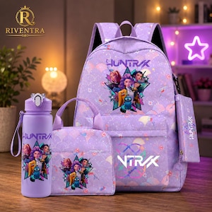 May include: A lavender backpack, lunch bag, water bottle, and pencil case set featuring a repeating scale pattern and a graphic of three animated characters inside a star. The text "HUNTRAX" and "VTRVX" is printed on the items in white.