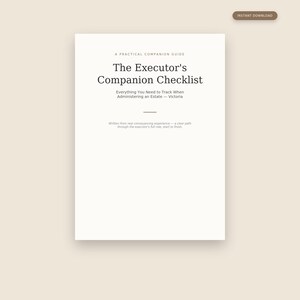 Pode incluir: Um documento branco intitulado The Executor's Companion Checklist com o subtítulo A Practical Companion Guide e Everything You Need to Track When Administering an Estate - Victoria. Inclui uma pequena linha horizontal e texto.