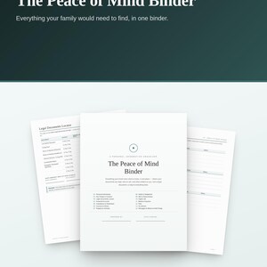 Pode incluir: Um organizador de informações pessoais intitulado The Peace of Mind Binder, incluindo uma página de capa e duas páginas internas com listas para documentos legais, informações pessoais, contas financeiras e apólices.