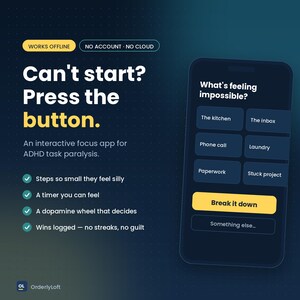 Herramienta para superar la parálisis por ansiedad en personas con TDAH / Aplicación interactiva para concentrarse, temporizador visual, rueda de dopamina, funciona sin conexión.
