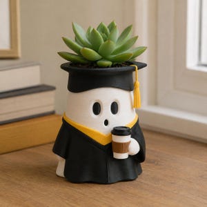 Pode incluir: Um vaso em forma de fantasma branco, usando um capelo preto com borla amarela e uma beca preta com gola amarela. A figura do fantasma segura um pequeno copo de café branco com uma manga castanha e contém uma planta suculenta verde.