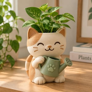 以下が含まれることがあります： クリーム色とオレンジ色の猫の形をしたプランターで、緑の植物が入っています。猫のフィギュアは笑顔で、側面に肉球の模様がある小さなセージグリーンのじょうろを持っており、マットで質感のある仕上がりになっています。