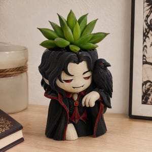 May include: A planter shaped like a stylized character with black hair, wearing a black cape with red trim and a red gem accent. A small black bird rests on the character's shoulder. A green succulent plant is potted inside the top of the figure.