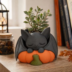 Maceta con suculenta Murciélago Durmiente sobre Almohada de Calabaza, Maceta impresa en 3D pintada a mano para escritorio y decoración de plantas de interior