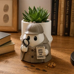 May include: A white ceramic planter featuring a detective character wearing a grey trench coat and hat. The character holds a black magnifying glass and a notepad with the text WHO TOOK THE COOKIE? A green succulent plant sits inside the planter.