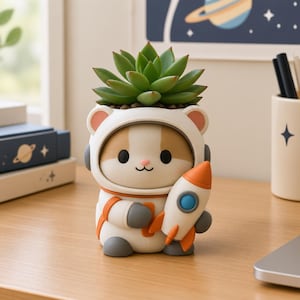 May include: A white and orange planter shaped like a cat wearing an astronaut suit and holding a small rocket ship. A green succulent plant is potted inside the top of the cat's head. The cat has round black eyes, a pink nose, and small ears.