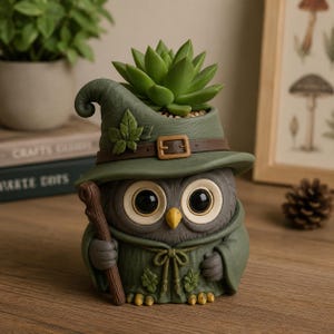 Forest Wizard Owl 3D Printed Planter Pot, Hand-Painted Fantasy Succulent Holder, Mystical Woodland Desk Decor, Unique Nature Lover Gift