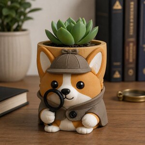 Detective Corgi 3D Printed Planter Pot, Hand Painted Succulent Holder, Cute Dog Home Decor, Unique Plant Pot Gift for Dog Lovers