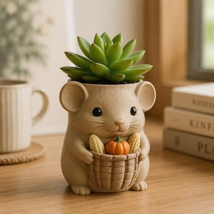 Puede incluir: Una maceta con forma de ratón de color beige claro con acabado texturizado, que sostiene una cesta tejida con dos mazorcas de maíz y una pequeña calabaza naranja. Una planta suculenta verde está plantada en la parte superior de la figura.