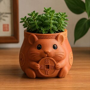 May include: A terracotta-colored planter shaped like a hamster holding a round coin with Chinese characters. The planter features a textured surface, a geometric border around the top rim, and contains a small green succulent plant with many leaves.