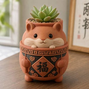 Terracotta Hamster Planter, 3D Printed Succulent Pot with Hand-Painted Details, Unique Chinese Heritage Desk Decor, 15cm Animal Plant Holder