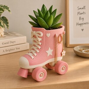Retro Roller Skate 3D Printed Planter Pot - Hand Painted Miniature Succulent Holder for Desk and Shelf Decor