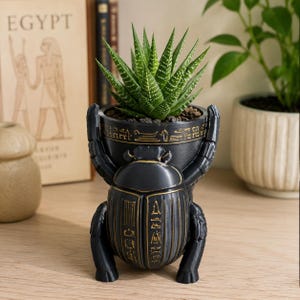 Ancient Egyptian Scarab Beetle 3D Printed Planter Pot, Hand Painted Succulent Holder, Unique Office Desk Plant Decor