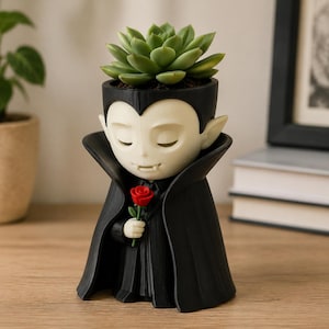 May include: A vampire-shaped planter featuring a pale face, pointed ears, and a black cape with a high collar. The figure holds a small red rose in its hands. A green succulent plant is potted in the top of the head, which serves as the container.