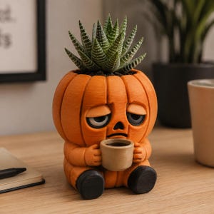 Puede incluir: Una maceta con forma de calabaza con una expresión facial cansada, sosteniendo una pequeña taza beige. La calabaza naranja tiene pies negros y está coronada con una planta suculenta verde con manchas blancas y una textura de estrías verticales.