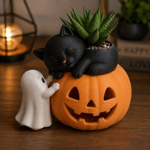 May include: A decorative planter featuring a black cat sleeping on top of an orange jack-o'-lantern pumpkin. A small white ghost figure stands beside the pumpkin. A green succulent plant is potted inside the cat-shaped container on the pumpkin.