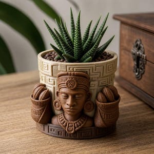 May include: A cylindrical planter featuring a relief sculpture of a person with closed eyes, wearing a headdress and jewellery, flanked by two small baskets. The upper portion has a cream-coloured geometric pattern, while the plant is a green succulent.