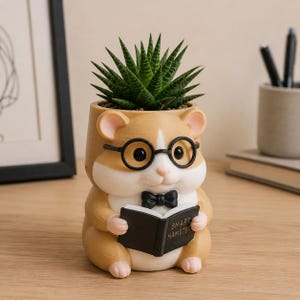 Smart Hamster 3D Printed Planter Pot, Hand Painted Whimsical Succulent Holder for Desk and Shelf Decor