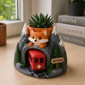 May include: A decorative planter featuring a fox head resting above a tunnel entrance. A red train with a white cross sits on tracks inside the tunnel. The base is shaped like a mountain with snow-capped peaks, green pine trees, and a sign reading SWITZERLAND.