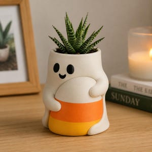 Pode incluir: Um vaso de cerâmica branca em forma de fantasma abraçando um doce de milho. O fantasma tem olhos ovais pretos e um pequeno sorriso. Uma suculenta verde com listras horizontais brancas está plantada dentro do recipiente em forma de fantasma.
