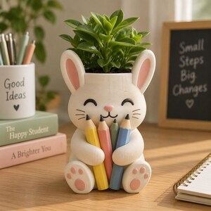 Cute Bunny Teacher Planter Pot - 3D Printed Colorful Pencil Holder Succulent Container