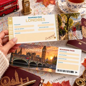 May include: Two rectangular boarding pass templates featuring London-themed imagery. The top pass displays a street scene with text reading BOARDING PASS LONDRES and Surprise!. The bottom pass shows Big Ben at sunset with text reading VOUS PARTEZ A LONDRES.