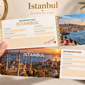 May include: Two rectangular Istanbul boarding pass templates. The top pass features a Bosphorus waterfront scene with a tea glass and the text 'Surprise!'. The bottom pass displays a sunset view of the Blue Mosque with the text 'VOUS PARTEZ A ISTANBUL'.