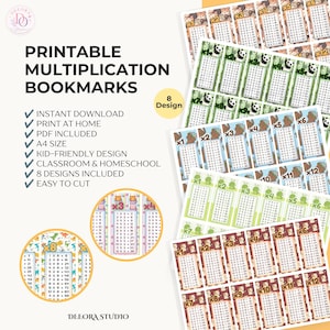 Op de afbeelding: Een set van acht printbare vermenigvuldigingsbladwijzers met dierenthema's en rekentabellen. De tekst bevat PRINTABLE MULTIPLICATION BOOKMARKS, 8 Design en diverse vermenigvuldigingsvergelijkingen. De lay-out toont meerdere vellen met kleurrijke illustraties van panda's, vossen en dinosaurussen.