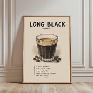 Poster di caffè lungo nero, stampa artistica di espresso, illustrazione di bevanda, decorazione per la parete della cucina, opera d'arte per bar.