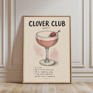 Clover Club Poster, Cocktail Art Print, Vintage Illustration, Bar Wall Decor, Drink Artwork