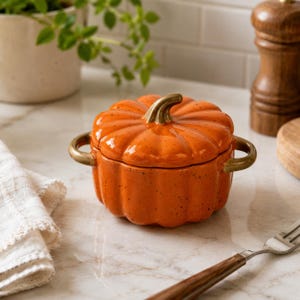 May include: A bright orange ceramic pumpkin-shaped lidded bowl with a glossy finish and dark speckles. The bowl features a sculpted pumpkin stem handle on the lid and two curved metallic-toned side handles for easy lifting and serving.